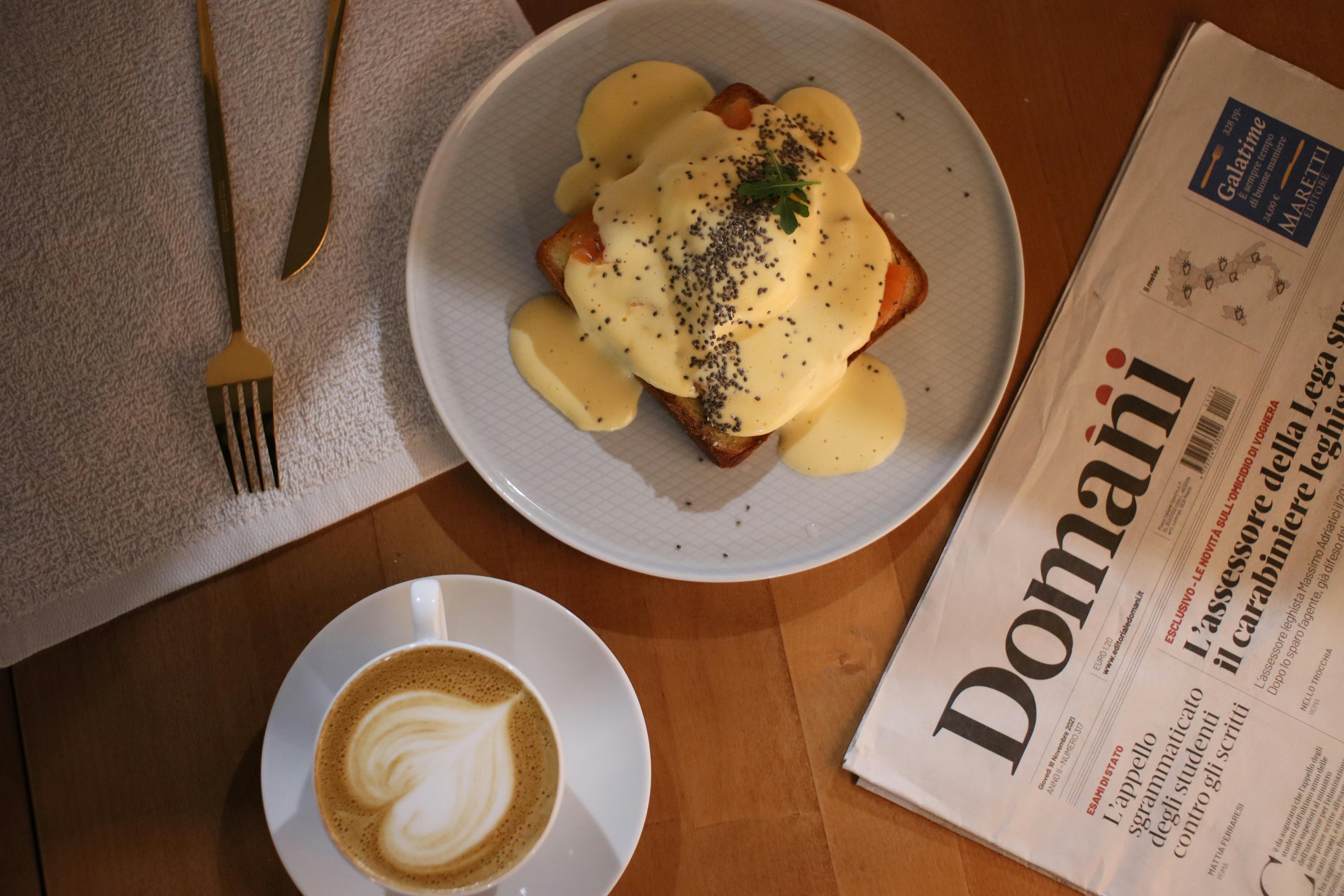 Brunch plate and coffee seen from above.